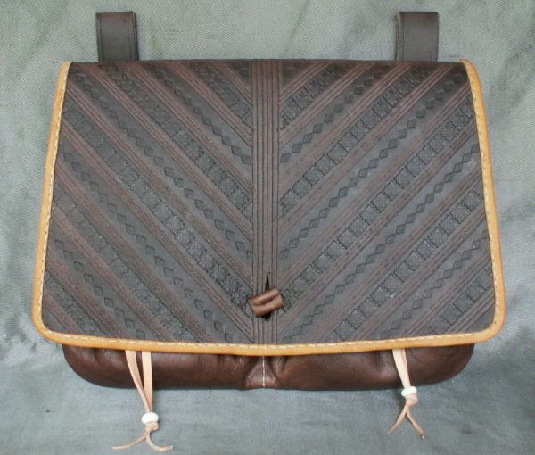 16th - 17th century large belt wallet with tooled square front and two pouchlets